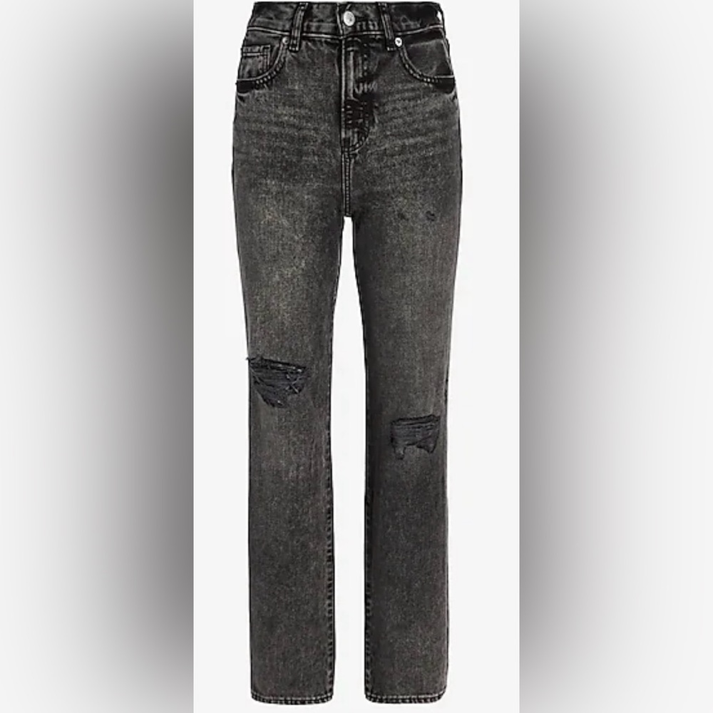 EXPRESS High Waisted Black Ripped Straight Ankle Jeans